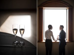 Two photos of a wedding couple holding champagne glasses in front of a window at Liberty Warehouse during the summer.