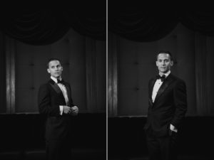 Two black and white photos of a man in a tuxedo at a wedding in NYC's Capitale.