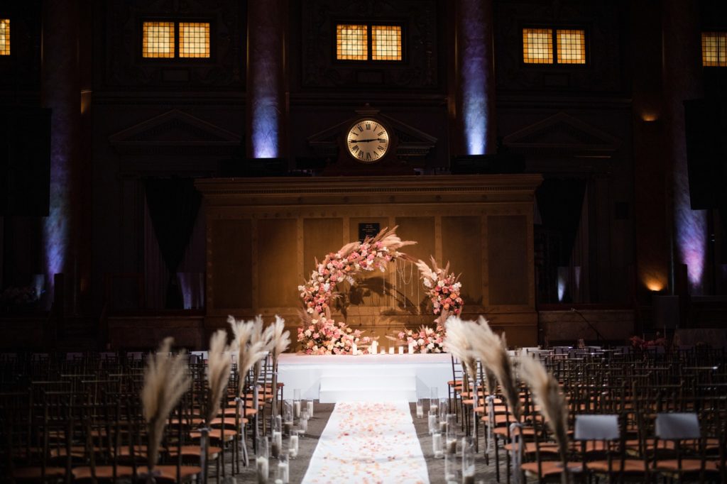 A wedding ceremony set up in the elegant Capitale venue in NYC.