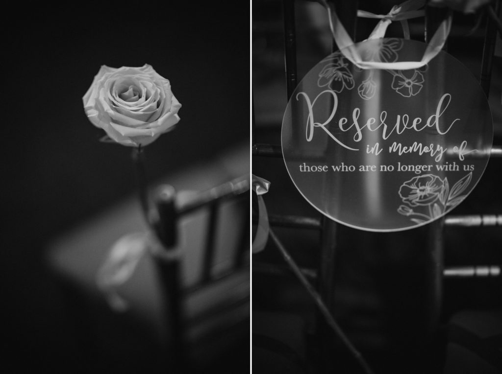 A black and white photo of a chair with a rose on it at Capitale during a wedding in NYC.