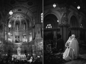 Two black and white photos of a bride and groom in St. Francis Xavier church during their wedding.