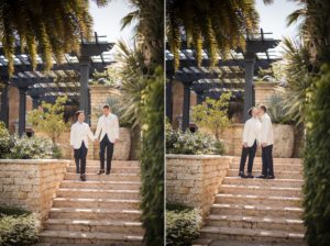 Two pictures of a couple standing on steps in front of a palm tree at Dorado Beach.