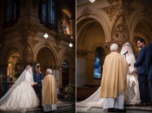 A bride and groom exchange vows at St. Francis Xavier, a church.