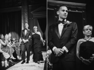 A black and white photo of a bride and groom walking down the aisle in Capitale, NYC.