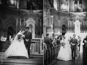 A bride and groom walking down the aisle of St. Francis Xavier church.