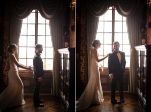 Two pictures of a wedding couple standing in front of a window at Bourne Mansion.