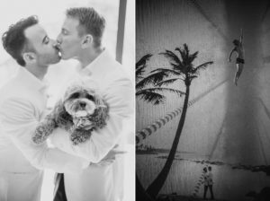 Two black and white photos of a man kissing his dog at Dorado Beach.