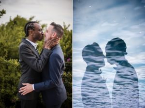 Two pictures of a man and woman kissing in the water during their summer wedding at Liberty Warehouse.