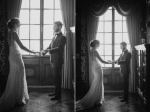Two wedding photos of a bride and groom standing in front of a window at the Bourne Mansion.