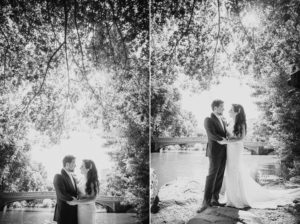 Two black and white photos of a bride and groom standing under a tree at their wedding near the Wallace and the Loeb Boathouse.