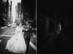 A bride and groom walking down a city street outside St. Francis Xavier.