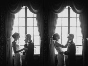 Two black and white photos of a bride and groom in front of a window at their summer wedding at Bourne Mansion.