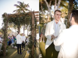 A bride and groom exchange vows at an outdoor wedding ceremony at Dorado Beach.