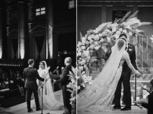 A black and white photo capturing the bride and groom at their wedding ceremony in Capitale, NYC.