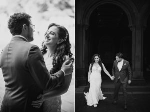 Wedding photos of a bride and groom in front of the Wallace and Loeb Boathouse.