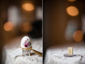 Two pictures of an easter egg on a table at the Yale Club.