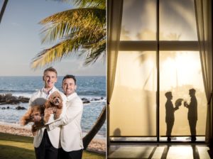 A Ritz Carlton wedding, with the bride and groom standing in front of a window with a dog.