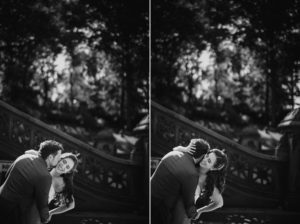 Two black and white photos of a couple kissing near the Wallace and Loeb Boathouse in central park.