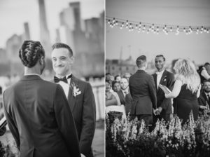 Summer wedding ceremony at Liberty Warehouse captured in black and white photos of a bride and groom.
