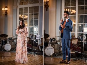 A bride and groom singing at a wedding reception held at the Yale Club.
