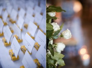 Located at the iconic Wallace and the Loeb Boathouse, this enchanting wedding table features delicate white flowers elegantly arranged alongside bright yellow place cards.