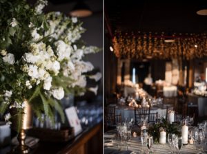 Two pictures of a summer wedding reception at Liberty Warehouse adorned with white flowers and candles.