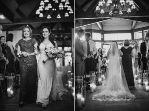 A bride gracefully walks down the aisle at Wallace and the Loeb Boathouse, accompanied by her loving mother during their intimate wedding ceremony.