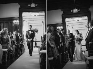 A bride and groom walking down the aisle at a summer wedding held at Bourne Mansion.