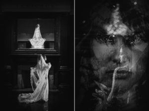 Two black and white photos of a bride in a dress in front of a mirror at Capitale, NYC.