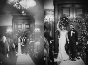 A bride and groom walk down the aisle at their summer wedding ceremony at Bourne Mansion.