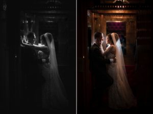 A bride and groom embracing in a dark room at their wedding reception in Capitale, NYC.