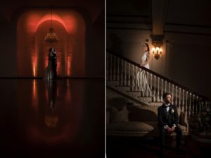 A summer wedding at Bourne Mansion, with a bride and groom standing in front of a grand staircase.