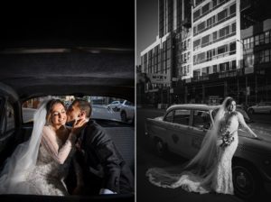 A bride and groom sharing a passionate kiss in the back of a vintage car, capturing the essence of their romantic Wedding day in NYC.