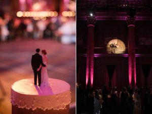 A bride and groom standing on top of a wedding cake in NYC.