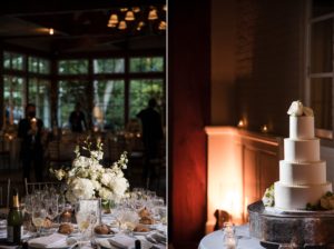 Two pictures of a wedding cake in the Wallace and the Loeb Boathouse dining room.