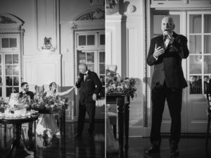 Wedding photos featuring a groom giving a speech at the Bourne Mansion.