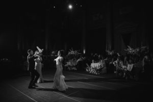 A black and white photo of a bride and groom dancing at their wedding in the Capitale ballroom in NYC.