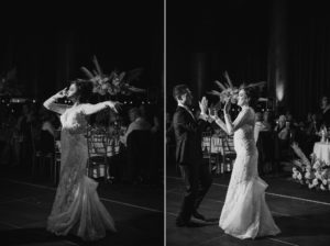 Two black and white photos of a bride and groom dancing at a wedding in NYC.