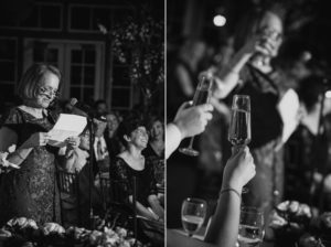 Two photos of a woman toasting champagne at a wedding held at the Wallace and the Loeb Boathouse.