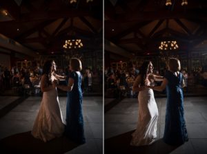 Two images of a bride and her mother dancing at Wallace and the Loeb Boathouse for a wedding.