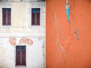 Two pictures of a building with orange paint on it at Dorado Beach.