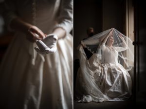 A bride is getting ready in a room with a veil at the Yale Club.