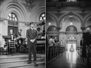 A bride and groom walk down the aisle in St. Francis Xavier church.