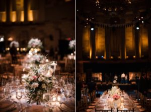 Description: Two pictures of a wedding reception at Gotham Hall, a large hall venue.