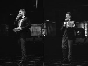 Two black and white photos of a man speaking into a microphone at Gotham Hall.