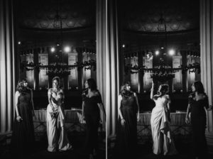 Captivating black and white photos showcasing bridesmaids in elegant black dresses at a stunning Gotham Hall wedding.