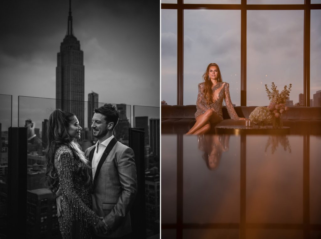 Two wedding photos of a couple posing in front of the empire state building.