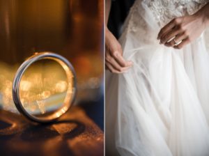 A wedding ring placed next to a bottle of whiskey at the historic 74 Wythe venue.