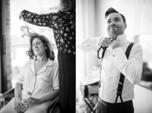 A bride and groom getting ready for their Brooklyn wedding at 501 Union.