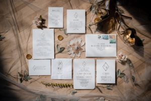A Brooklyn wedding stationery set is elegantly arranged on a table, perfect for a summer celebration.